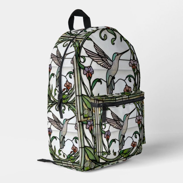 Elegant stain glass art nouveau hummingbird printed backpack (Back Corner Left)