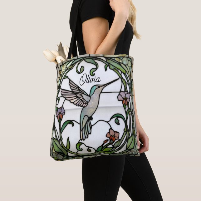 Elegant stain glass art nouveau hummingbird tote bag (Close Up)