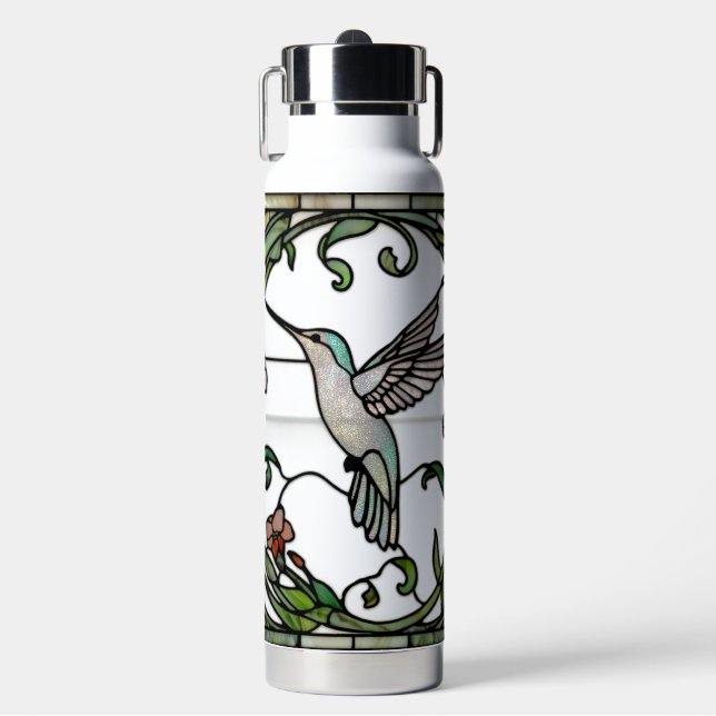 Elegant stain glass art nouveau hummingbird water bottle (Front)