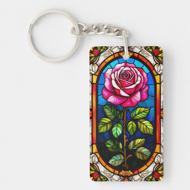 Elegant Stained Glass Artwork of a Vibrant Rose Key Ring (Front)