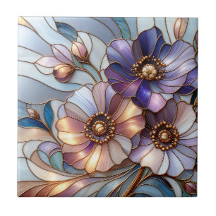 Elegant Stained Glass Floral Design in Soft Pastel Ceramic Tile
