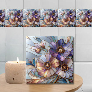 Elegant Stained Glass Floral Design in Soft Pastel Ceramic Tile