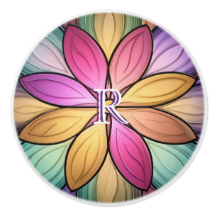 Elegant Stained‑Glass Floral Monogram Initial Ceramic Knob