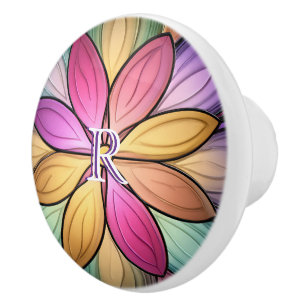 Elegant Stained‑Glass Floral Monogram Initial Ceramic Knob