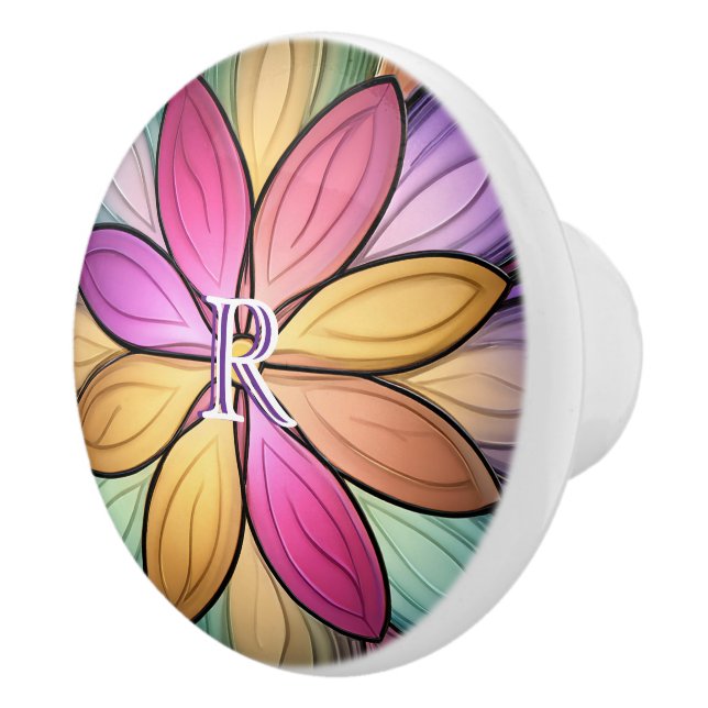Elegant Stained‑Glass Floral Monogram Initial Ceramic Knob (Right)