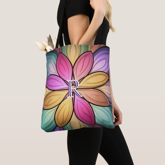 Elegant Stained‑Glass Floral Monogram Initial Tote Bag (Close Up)