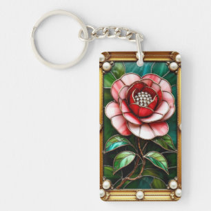 Elegant Stained Glass Flower with Intricate Frame Key Ring