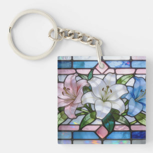 Elegant Stained Glass Lily Floral Design in Soft P Key Ring