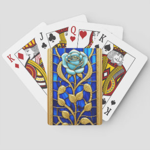 Elegant Stained Glass Panel with Blue Rose Playing Cards