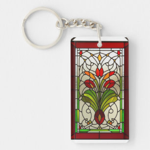 Elegant Stained Glass Panel with Vibrant Flower Key Ring