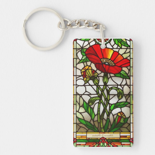Elegant Stained Glass Red Flower Key Ring (Front)