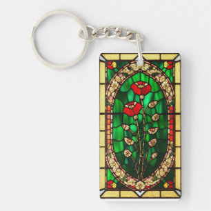 Elegant Stained Glass Red Flower Key Ring