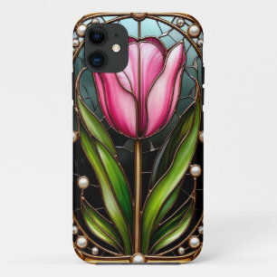 Elegant Stained Glass Tulip With Gold Frame iPhone 11 Case