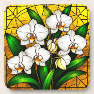 Elegant Stained Glass White Orchids Coaster