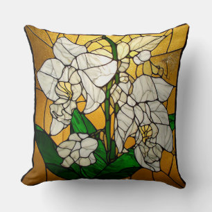 Elegant Stained Glass White Orchids Cushion