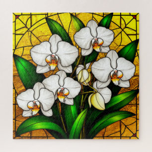Elegant Stained Glass White Orchids Jigsaw Puzzle