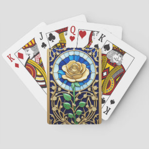 Elegant Stained Glass Window With Golden Rose Playing Cards