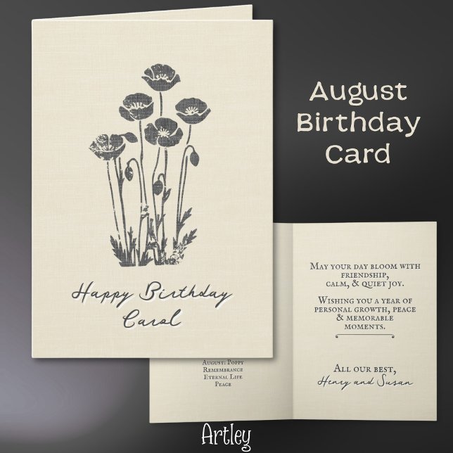 Elegant Stamped Poppy August Birth Flower Linen Card (Creator Uploaded)