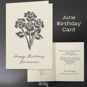 Elegant Stamped Rose June Birth Flower Linen Card