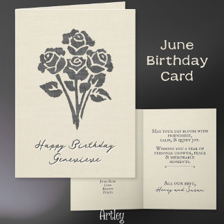 Elegant Stamped Rose June Birth Flower Linen Card