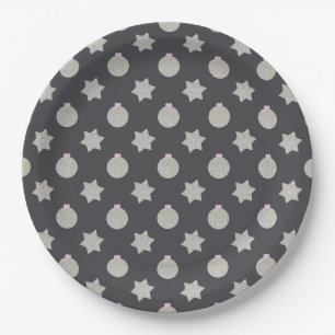 Elegant Star and Christmas Bauble Silver and Black Paper Plate