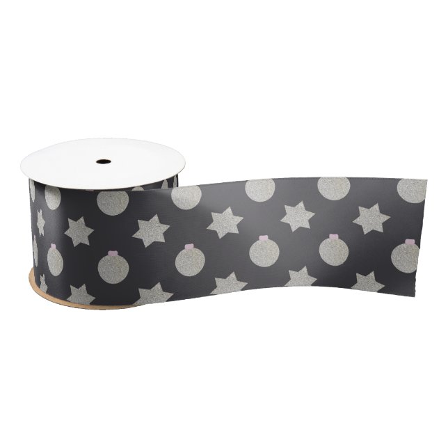 Elegant Star and Christmas Bauble Silver and Black Satin Ribbon (Spool)