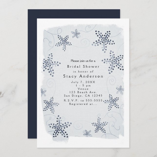 Elegant Starfish & Sequins Blue Beach Invitations (Front/Back)