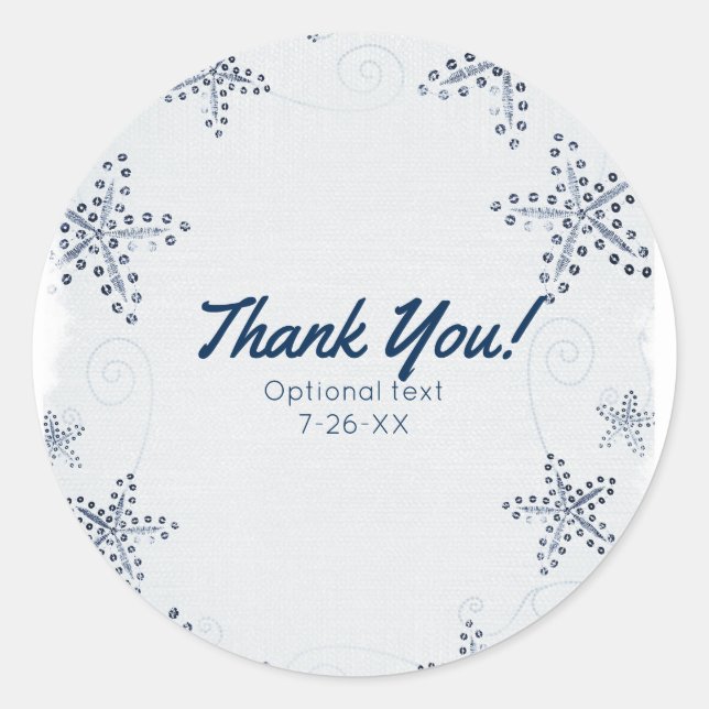 Elegant Starfish & Sequins Blue Beach Party Favour Classic Round Sticker (Front)