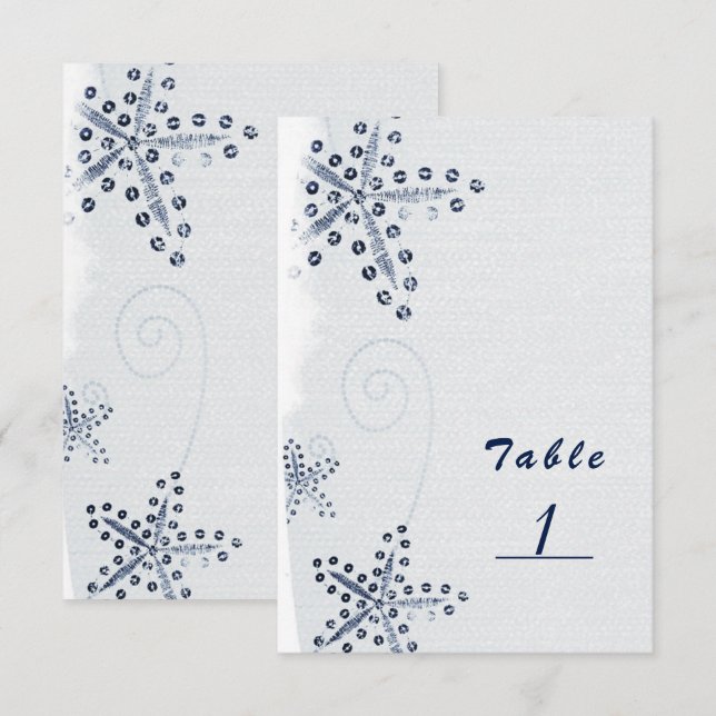 Elegant Starfish & Sequins Blue Beach Table Number (Front/Back)
