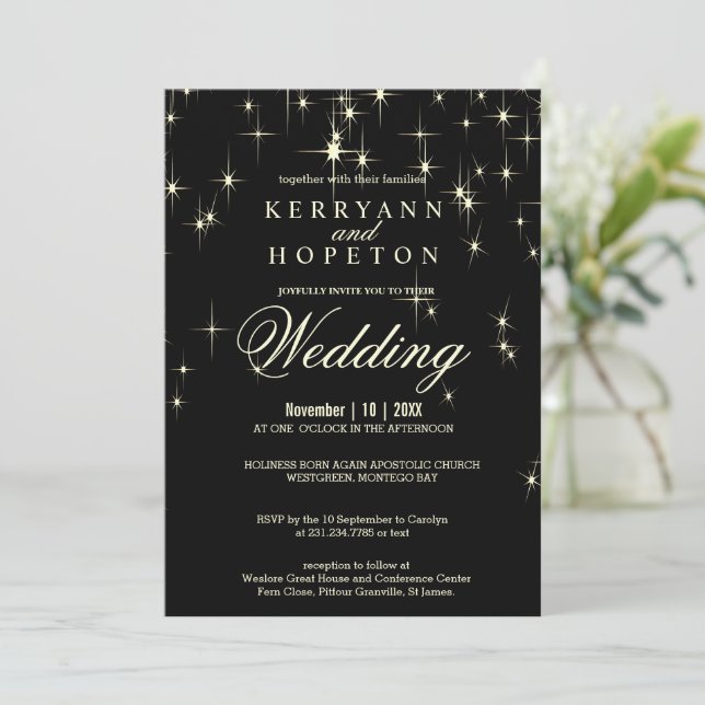 Elegant Starlight in a Black and Gold  Invitation (Standing Front)