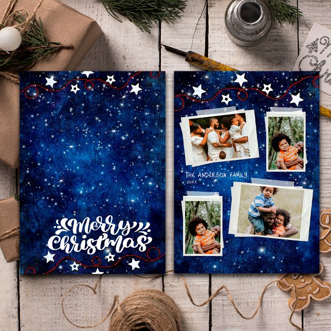Elegant Starry Night Christmas Photo Collage Card (Front / Back)