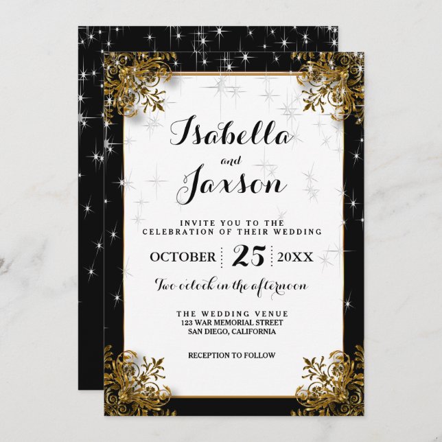 Elegant Starry Night Wedding in Black and Gold Invitation (Front/Back)