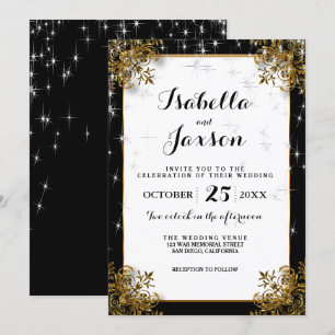 Elegant Starry Night Wedding in Black and Gold Invitation