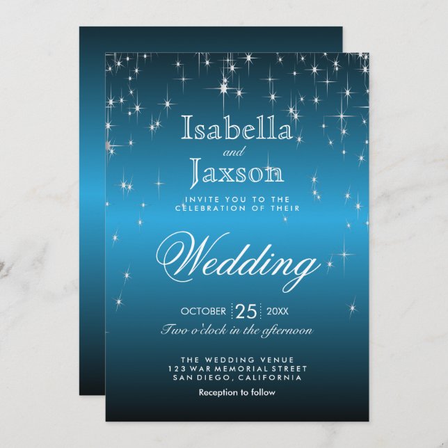 Elegant Starry Night Wedding in Sky Blue Invitation (Front/Back)