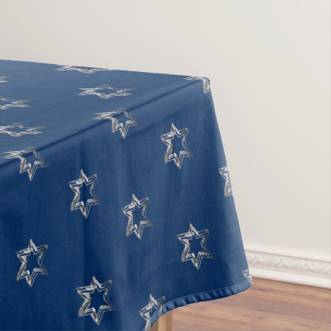 Elegant Starry Pattern Faux Silver Stars Blue Tablecloth (In Situ)