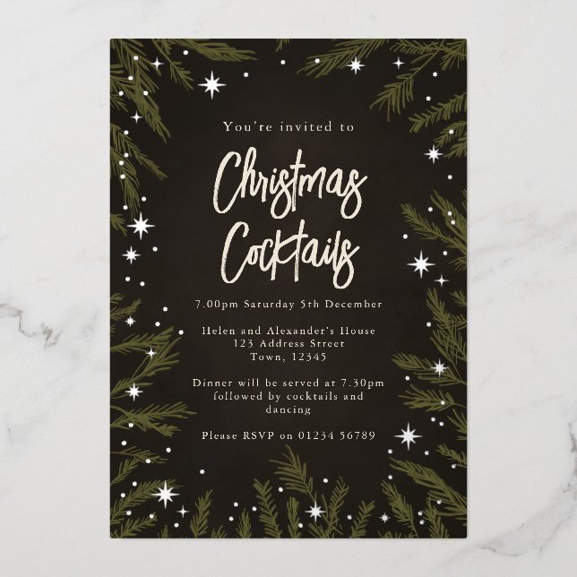 Elegant stars Christmas Cocktails Foil Invitation (Front)