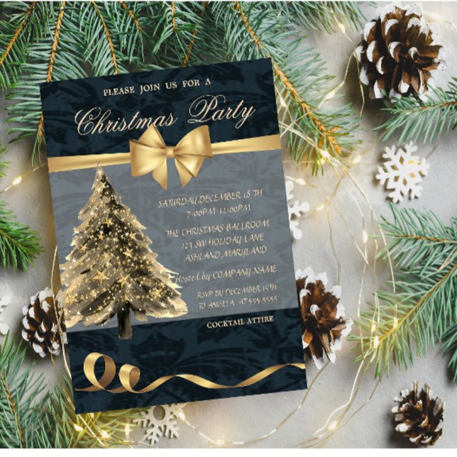 Elegant Stars Christmas Tree ,Bow, Christmas Party Invitation (Creator Uploaded)