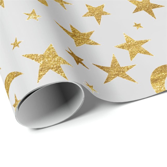 Elegant Stars Moon Silver Grey Gold Metallic Sky Wrapping Paper (Roll Corner)