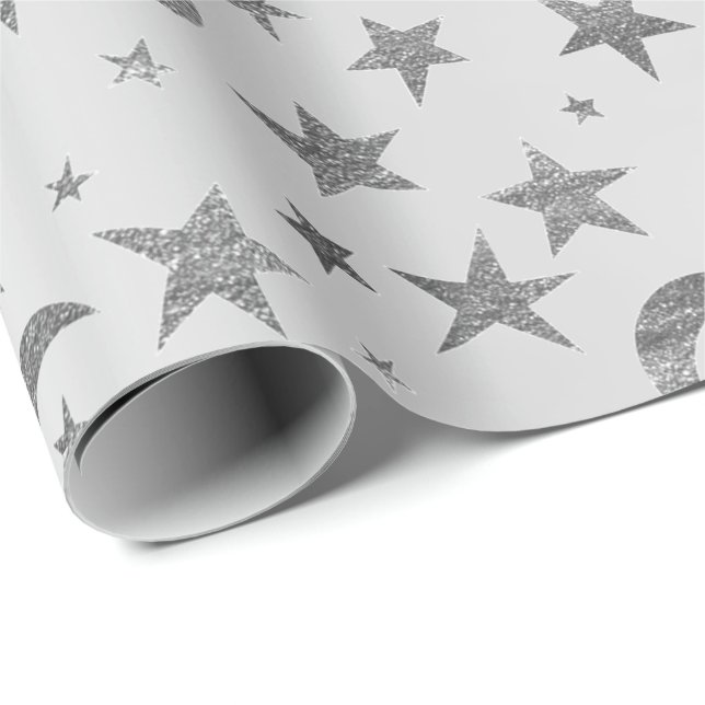 Elegant Stars Moon Silver Grey Metallic Sky Wrapping Paper (Roll Corner)