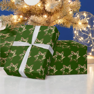 Elegant Stars Pattern Christmas Green and Gold Wrapping Paper