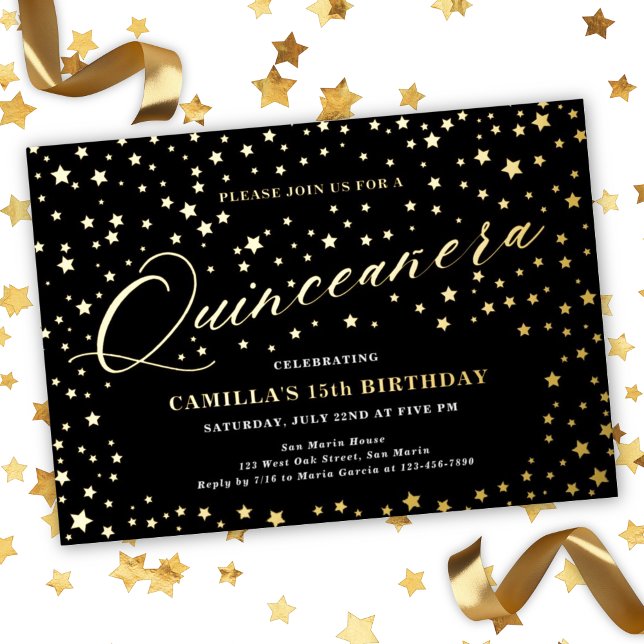 Elegant Stars Quinceañera 15th Birthday Party (Elegant Stars Quinceañera 15th Birthday Party Foil Invitation - Black with Gold Foil)