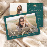 Elegant Stars Rose Gold Quinceañera 2 Photo Green Save The Date<br><div class="desc">Share the joyful news of an upcoming Quinceañera celebration with chic modern 2 photo save the date invitations. The pictures and all wording on this template are simple to personalise. The colours and font styles can be easily customised with the Zazzle Design Editor tool. The forest green and rose gold...</div>
