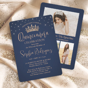 Elegant Stars Rose Gold Quinceañera 3 Photo Blue Invitation
