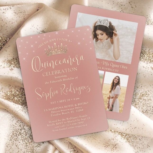 Elegant Stars Rose Gold Quinceañera 3 Photo Pink Invitation (Creator Uploaded)