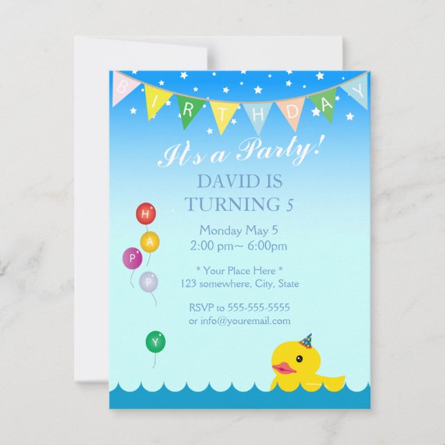 Elegant Stars & Rubber Duck Blue Birthday Invitation (Front)