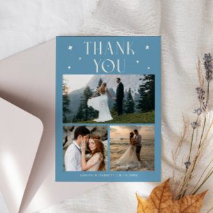 Elegant Stars Wedding Multi Photo Denim Blue Thank You Card