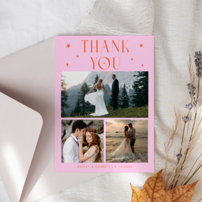 Elegant Stars Wedding Multi Photo Orange Pink Thank You Card (Creator Uploaded)