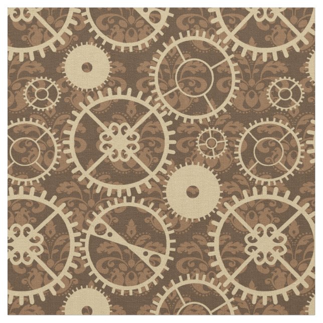 Elegant Steampunk watch gear and damask pattern Fabric (Close Up)
