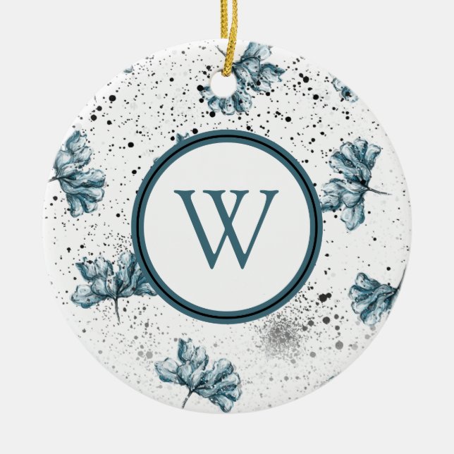 Elegant steel blue Floral Monogram Ceramic Ornament (Front)