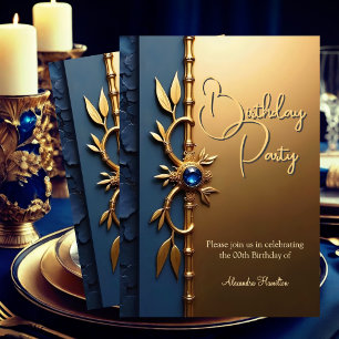 Elegant Steel Blue Gold Ornate Birthday Party Invitation